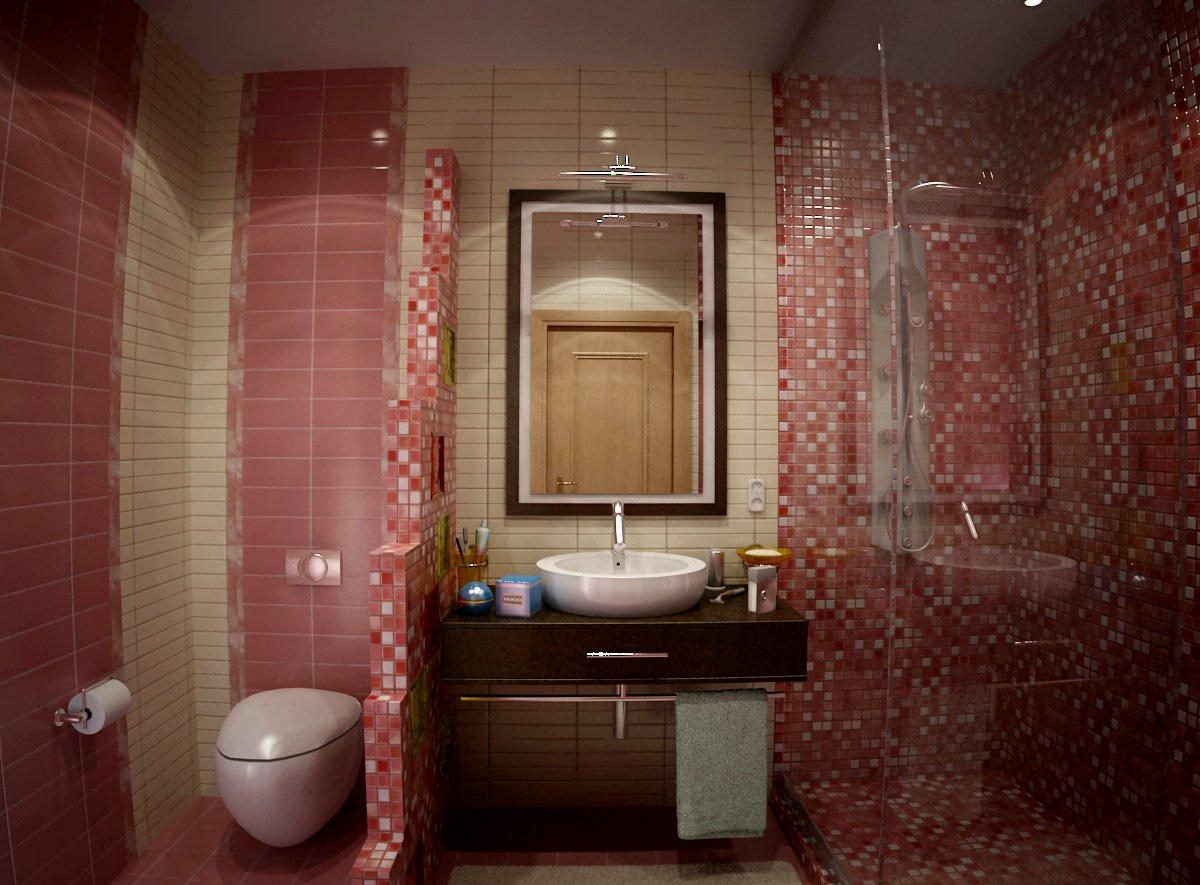 Душевая в бежево-красной ванной с мозаикой