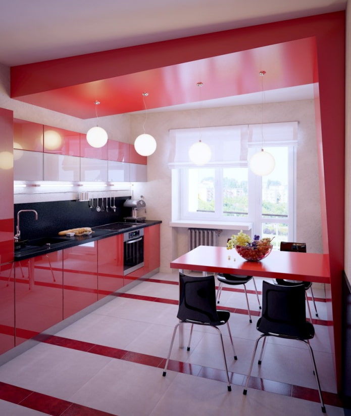 красная двухуровневая конструкция на кухне