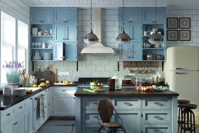 стиль прованс в интерьере голубой кухни