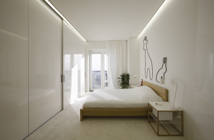 узкая спальня комната в стиле минимализм