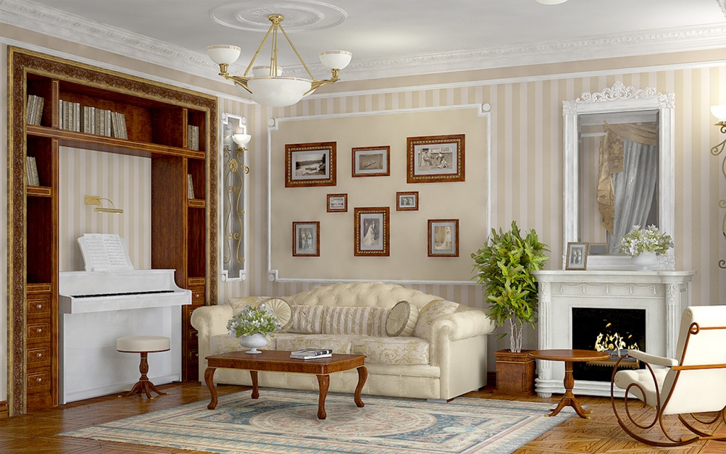 Небольшое белое пианино в интерьере современной гостиной