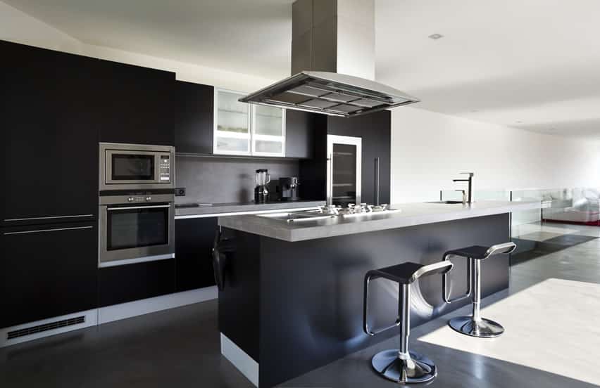 European design kitchen with black theme and gray counters