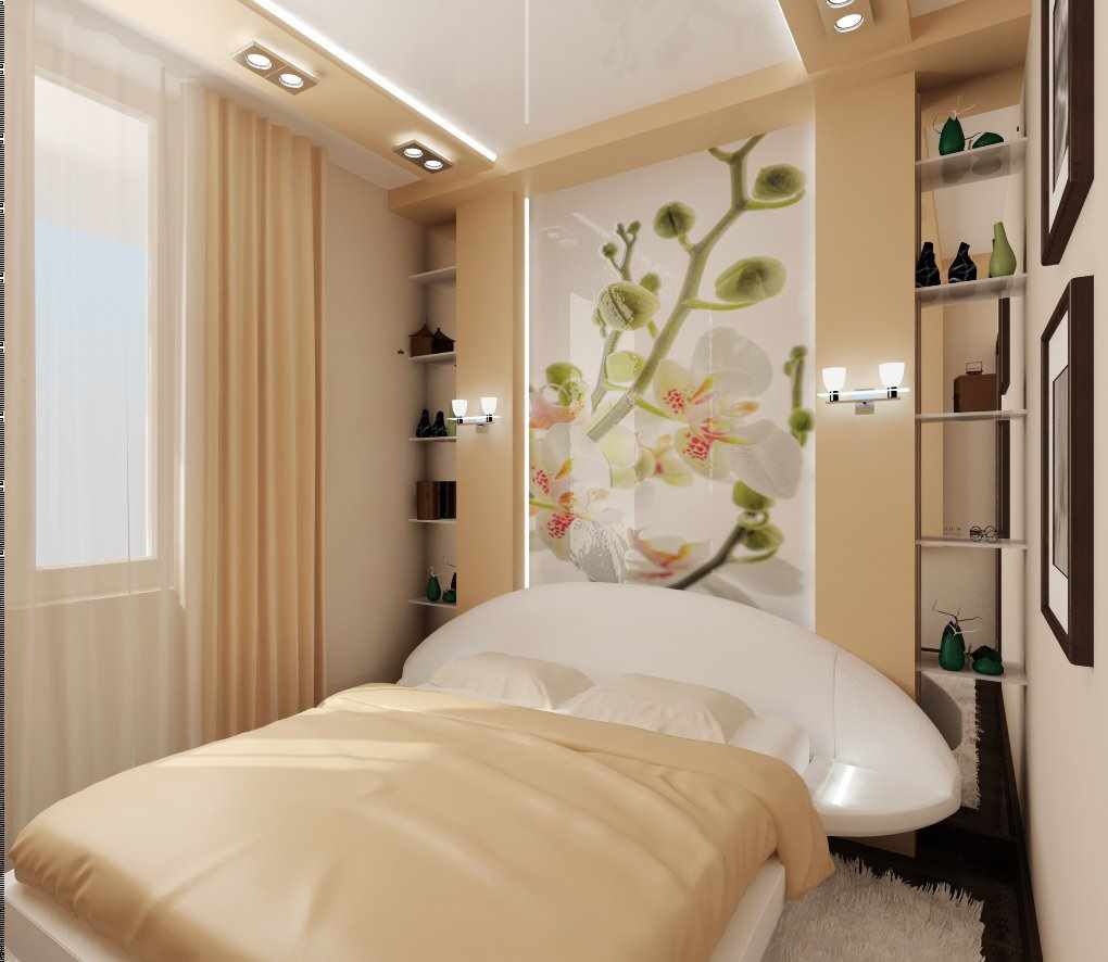 пример яркого дизайна узкой спальни