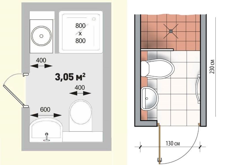 Схема ванной комнаты, совмещенной с туалетом