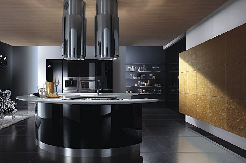 Дизайн большой кухни стиля хай-тек с черной мебелью