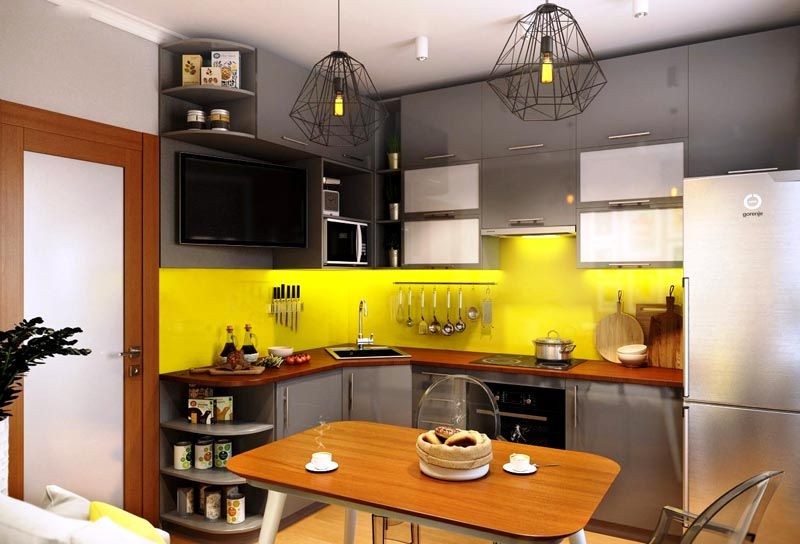Сочетание желтого цвета с серым в интерьере кухни