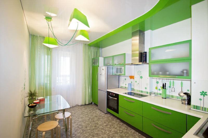 Зеленый цвет в интерьере угловой кухни