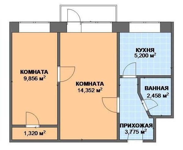 План двухкомнатной хрущевки до проведения перепланировки