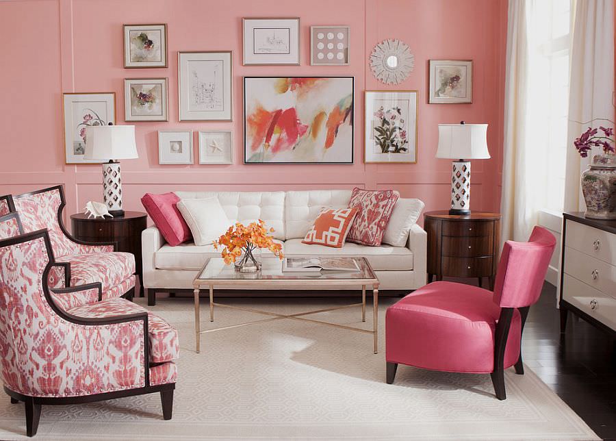 гостиная комната в светлых тонах с розовым