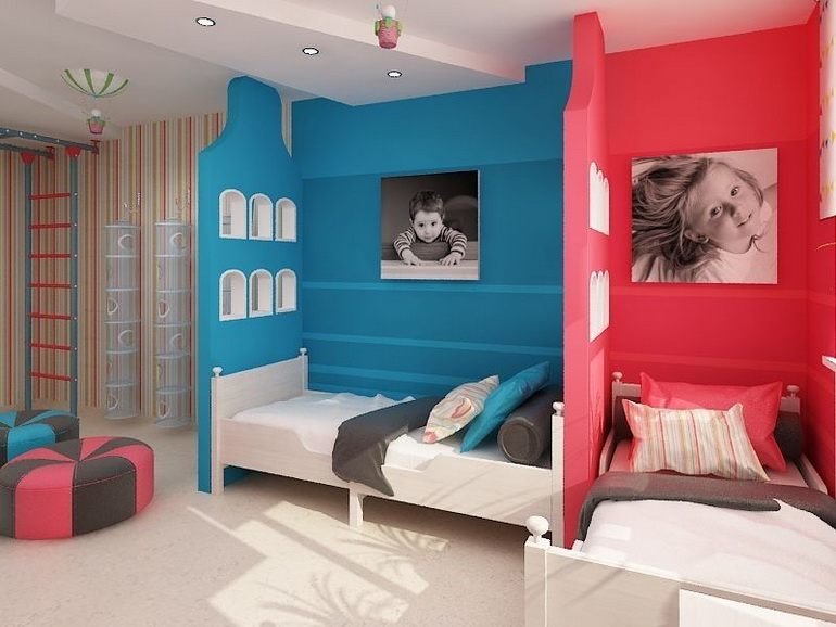 Зонирование комнаты цветом для разнополых детей