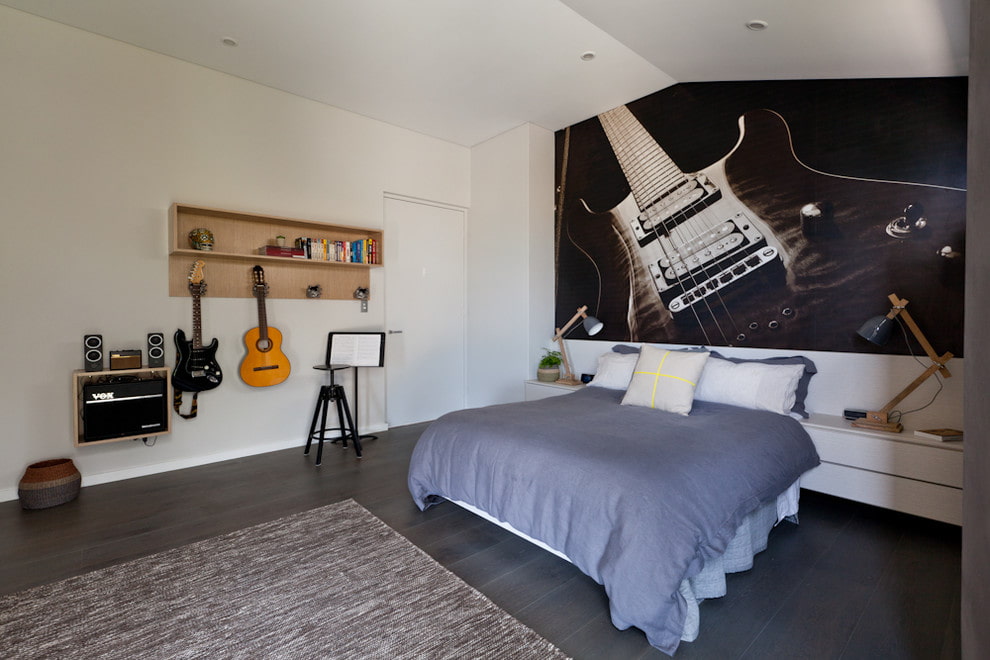 Фотообои с гитарой в спальне юного любителя музыки