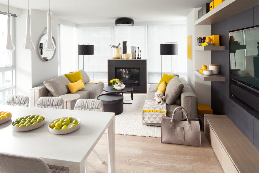 Акценты желтого цвета в квартире стиля модерн