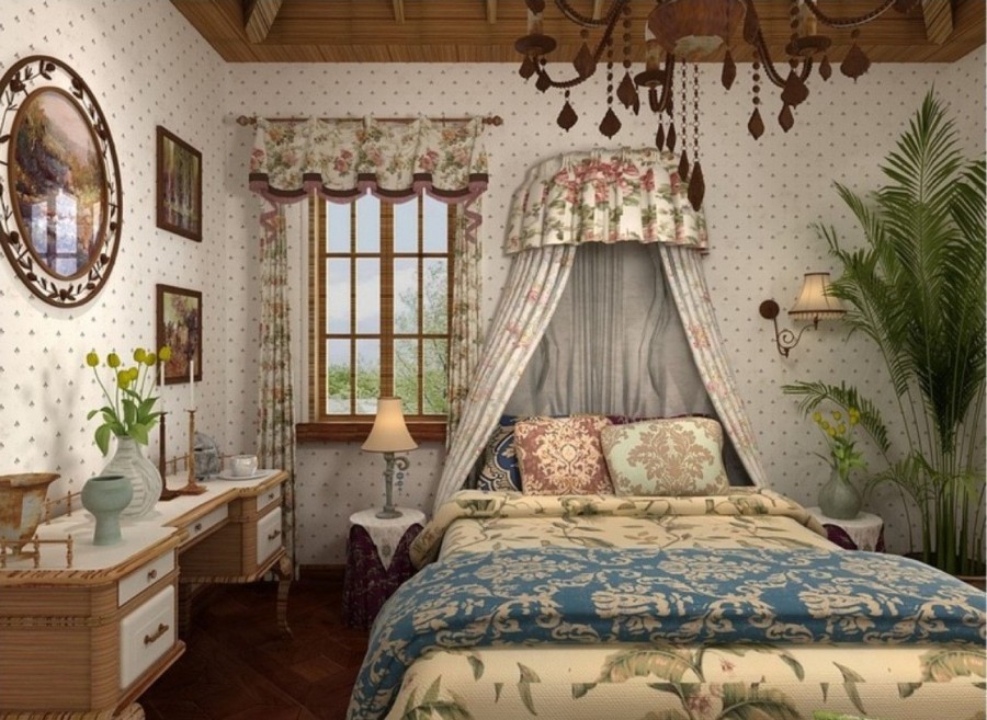 Спальня в стиле кантри с балдахином над кроватью