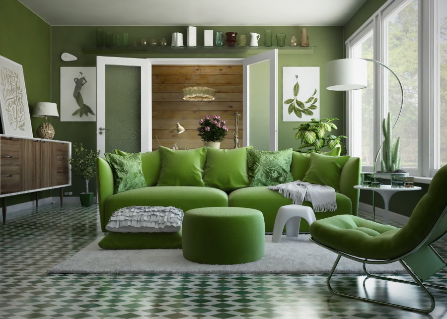 Зеленый диван в очень уютной квартире