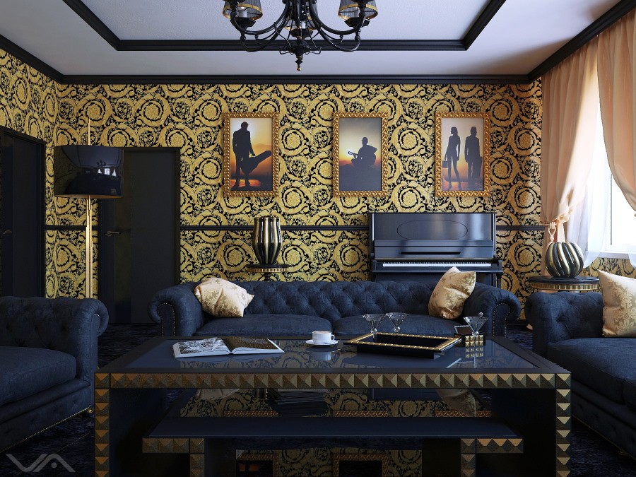 Синяя мебель в гостиной с золотистыми обоями