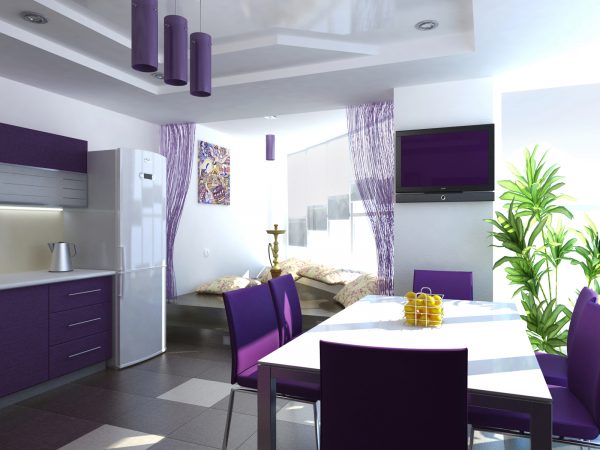 Кухня-столовая в бело-фиолетовых оттенках