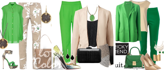 сочетание бежевого и зеленого цвета в одежде