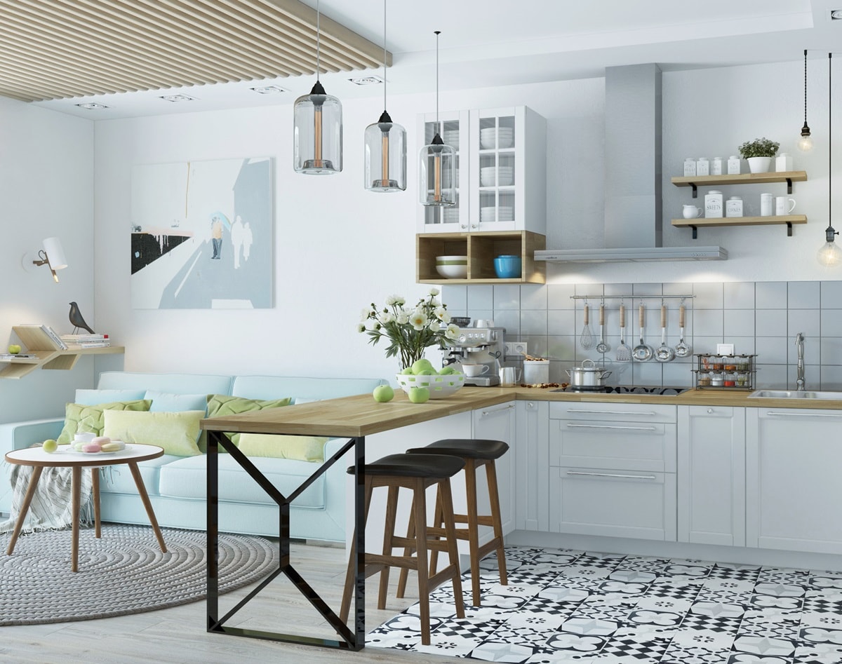Зонирование кухни-гостиной в скандинавском стиле