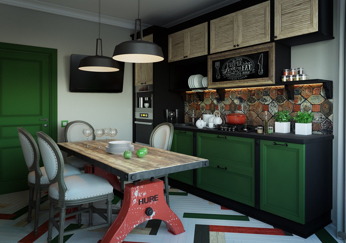 Зеленый цвет в интерьере кухни в стиле лофт