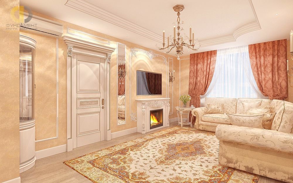 Бежевый интерьер гостиной в классическом стиле на Ленинском проспекте