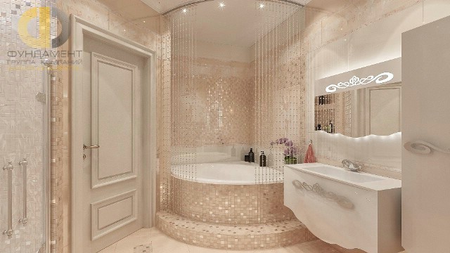 Отделка ванной комнаты плиткой: фото. Дизайн ванной с хрустальными шторами