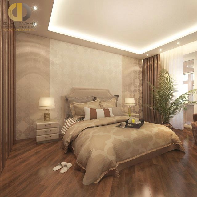 Современные идеи в дизайне спальни с обоями двух цветов. Фото 2016