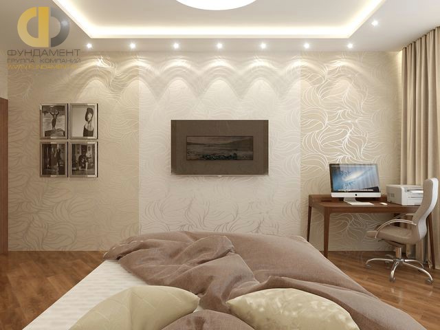 Современные идеи в дизайне спальни с обоями двух цветов. Фото 2016