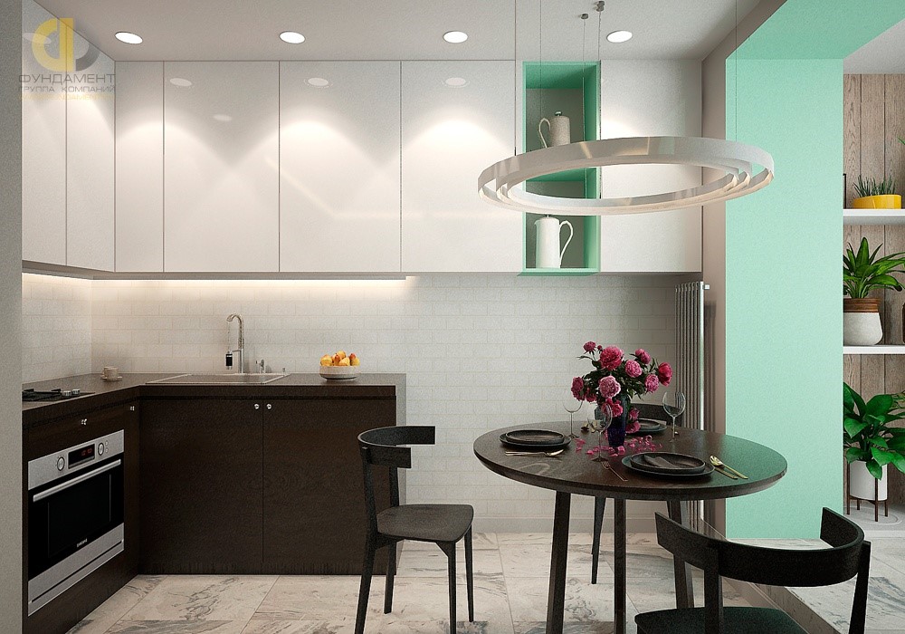 Бирюзовый цвет в интерьере кухни в квартире на Пятницкой