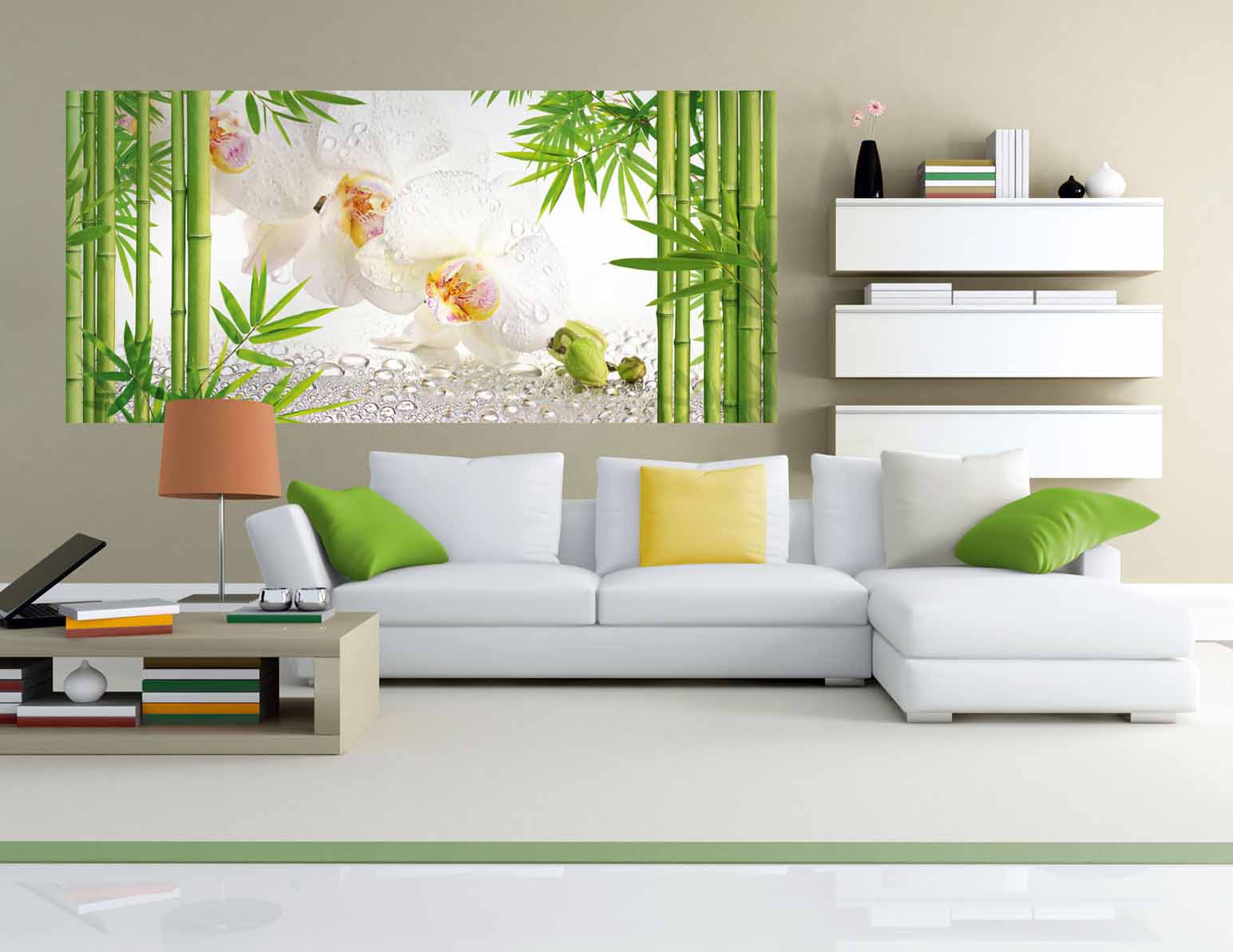 Картина с изображением бамбука и орхидей в интерьере гостиной