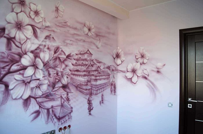 идея красивого интерьера комнаты с декоративным рисунком на стене