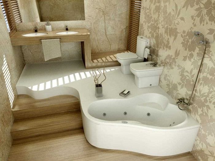 вариант необычного дизайна ванной с угловой ванной