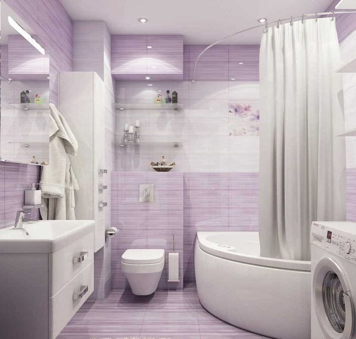идея яркого дизайна ванной комнаты с угловой ванной