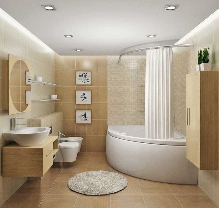 идея необычного стиля ванной комнаты с угловой ванной