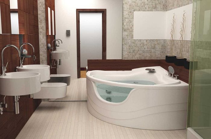 вариант красивого интерьера ванной комнаты с угловой ванной